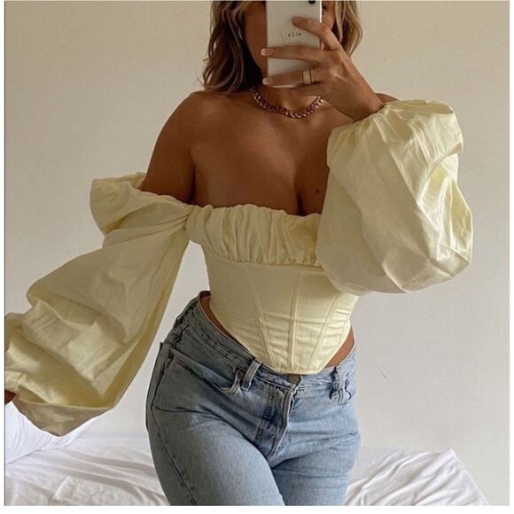 House of CB Miriam Lemon Yellow Balloon Sleeve Corset Top, Size M - Picture 1 of 8